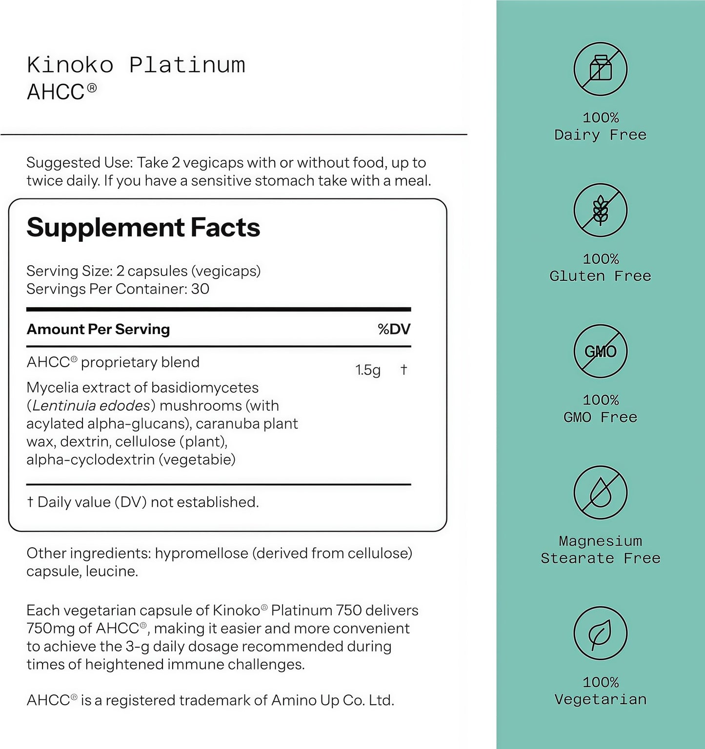 Quality of Life Premium Kinoko Platinum AHCC Herbal Supplement, 750mg per Capsule, for Immune Support, Liver Function, Maintains Natural Killer Cell Activity, Pack of 1, 60 Veggie Capsules