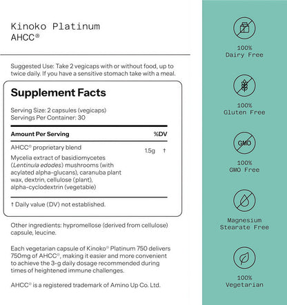 Quality of Life Premium Kinoko Platinum AHCC Herbal Supplement, 750mg per Capsule, for Immune Support, Liver Function, Maintains Natural Killer Cell Activity, Pack of 1, 60 Veggie Capsules